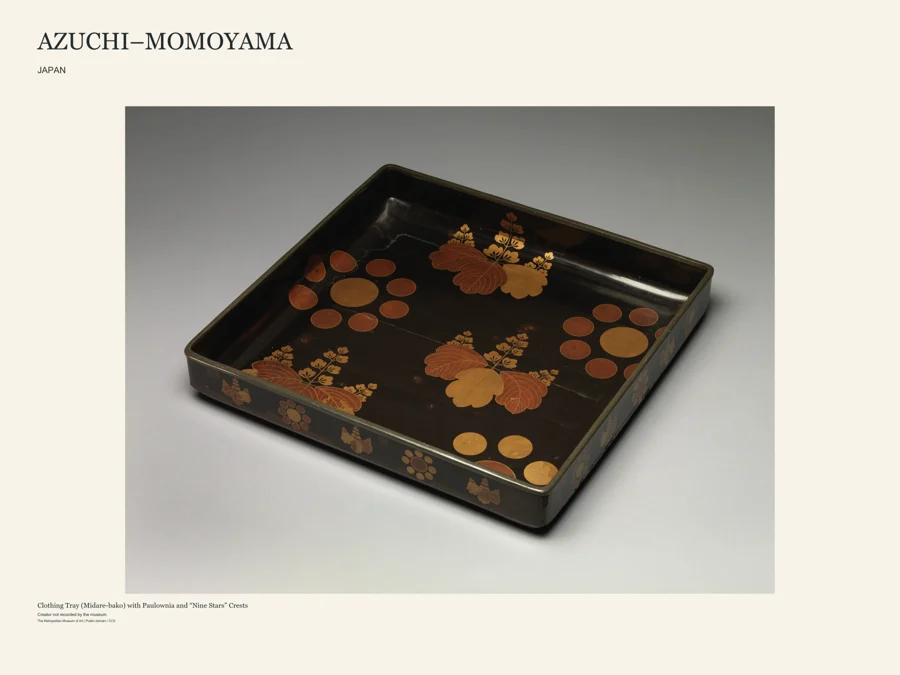 Azuchi–Momoyama art poster design featuring Clothing Tray (Midare-bako) with Paulownia and “Nine Stars” Crests