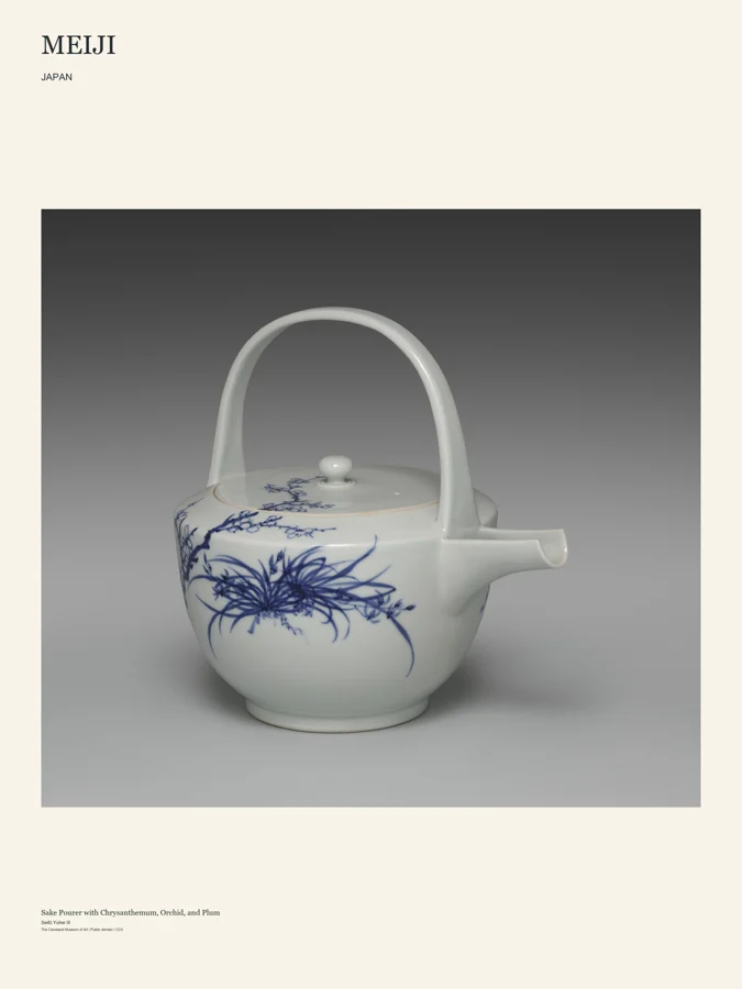 Meiji art poster design featuring Sake Pourer with Chrysanthemum, Orchid, and Plum