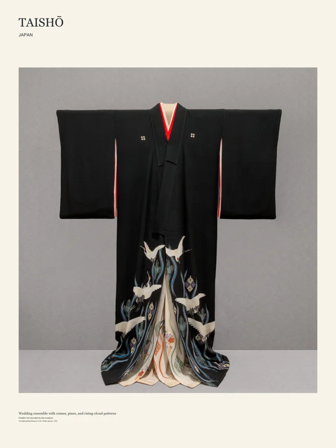 Taishō art poster design featuring Wedding ensemble with cranes, pines, and rising-cloud patterns